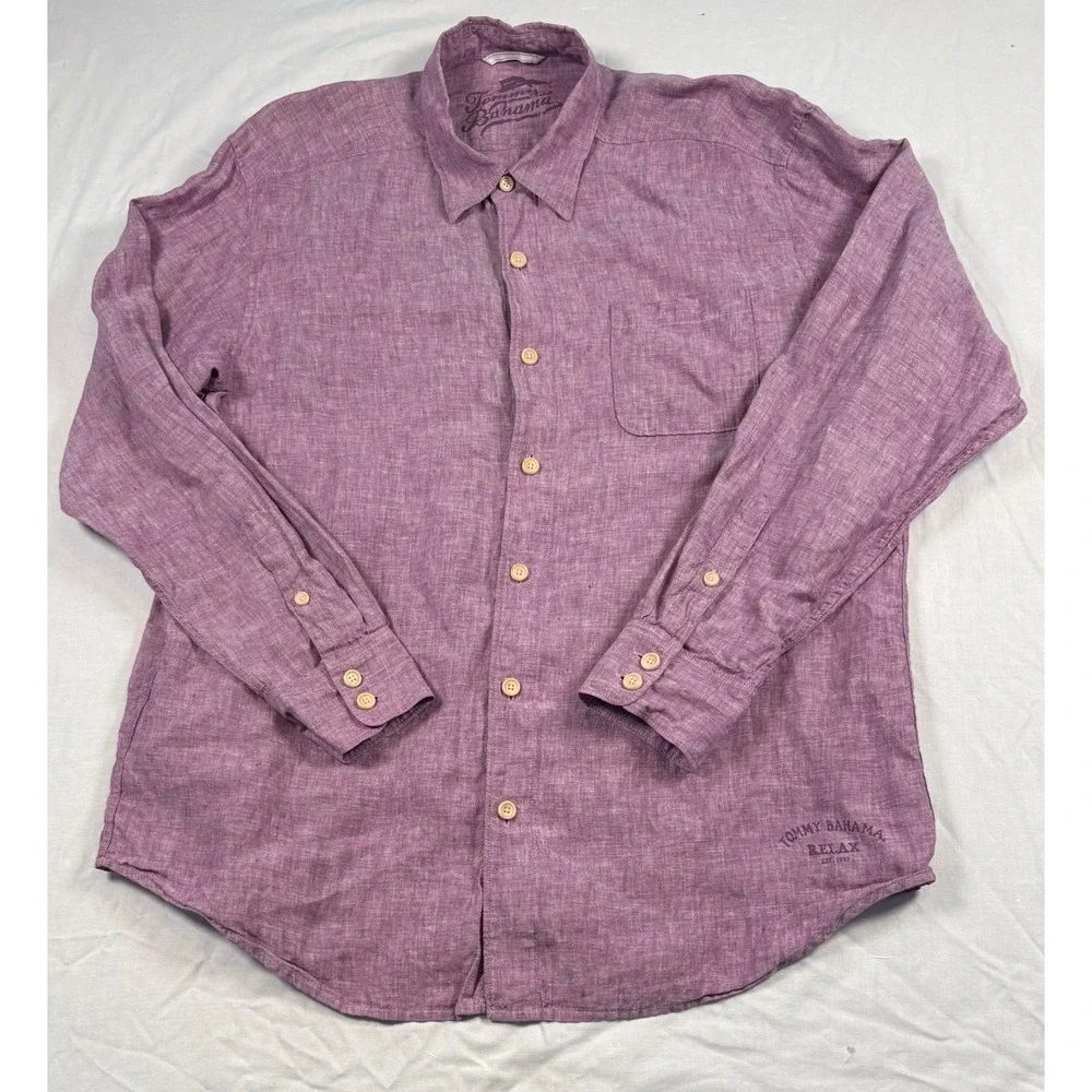 Tommy Bahama Shirt Mens XL 100% Linen Button Up Purple Long Sleeve Relax